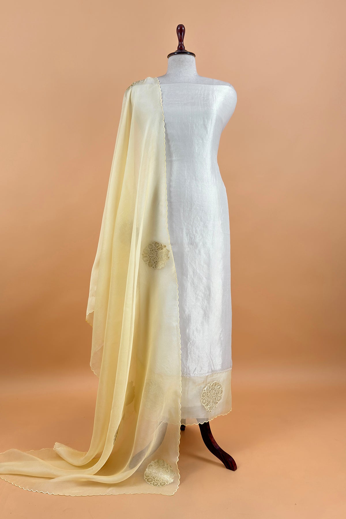Ivory Handloom Tissue Silk Suit With Kora Silk Dupatta With Sonarupa Kadwa Weaving