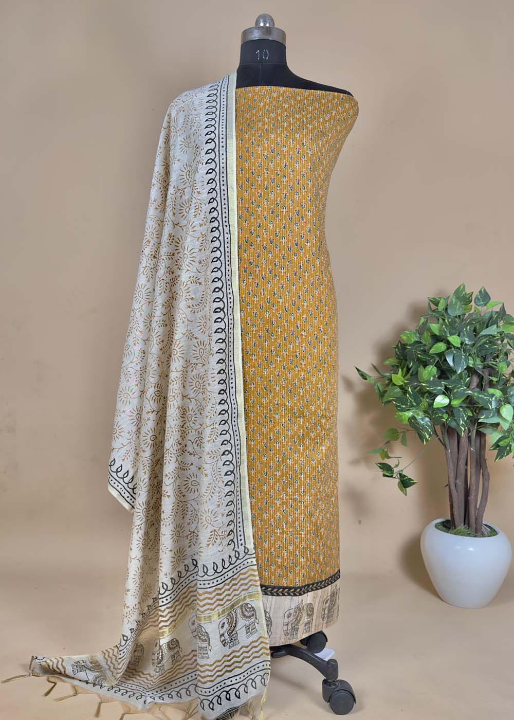 Brown Hand Block Cotton Suit With Chanderi Dupatta