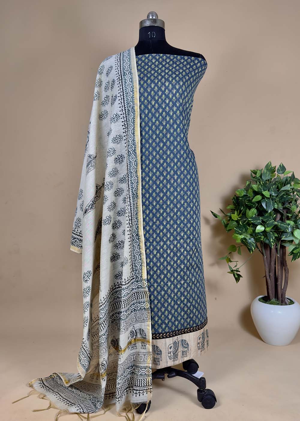 Brown Hand Block Cotton Suit With Chanderi Dupatta