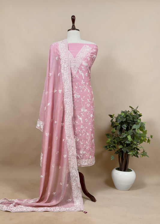 Flamingo Pink Summer Spring Mul Chanderi Suit Set With Peacocks And Floral Resham Embroidery