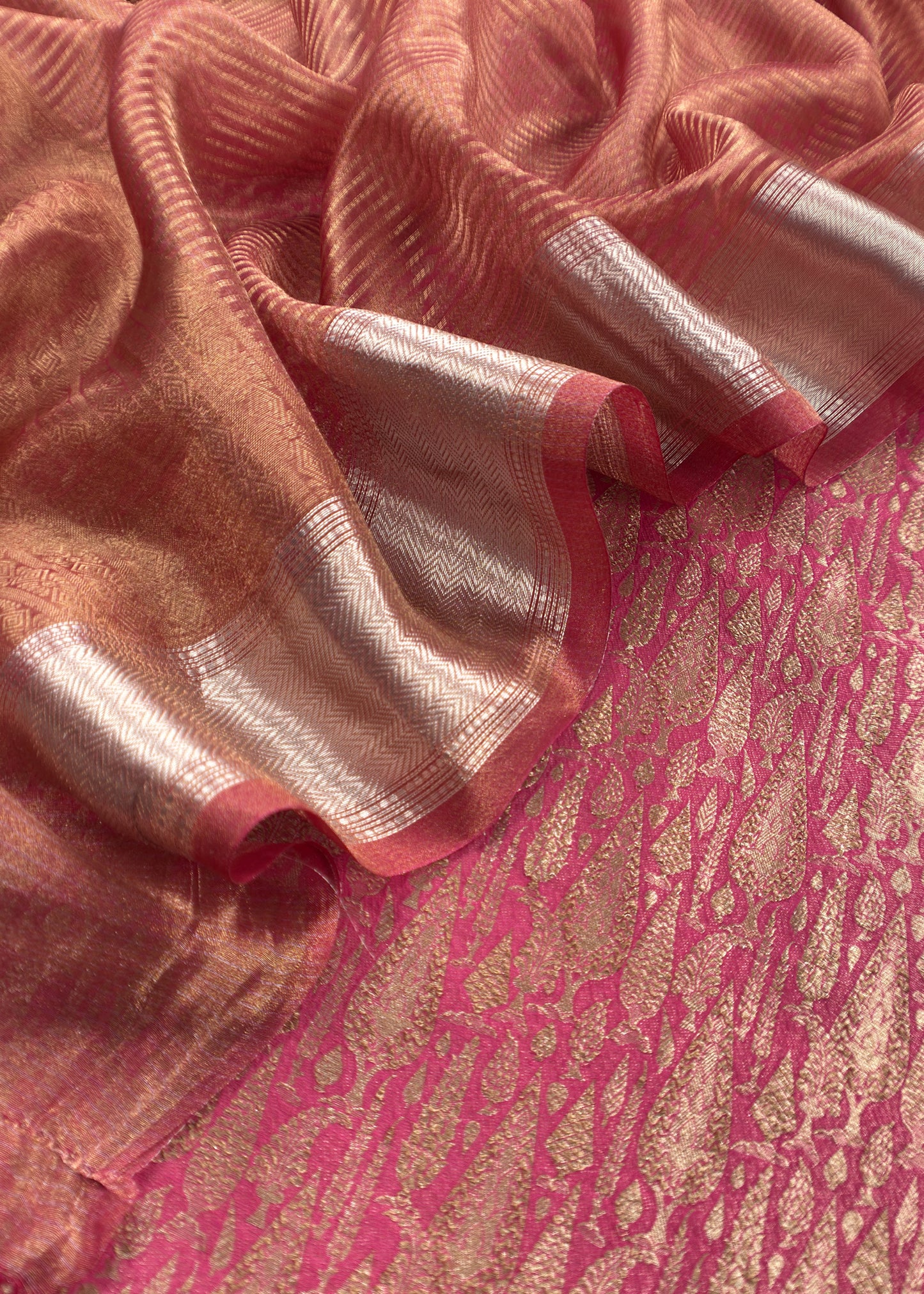 Prussian Pink Brocade Silk Kurta and Tissue Silk Gold Striped Dupatta