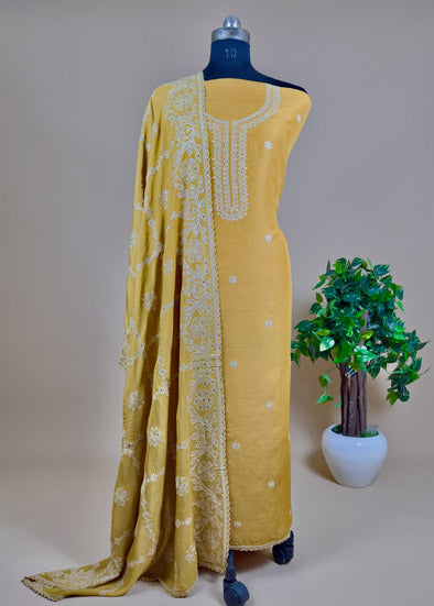 Linen Silk Unstitched Suit With Resham Work