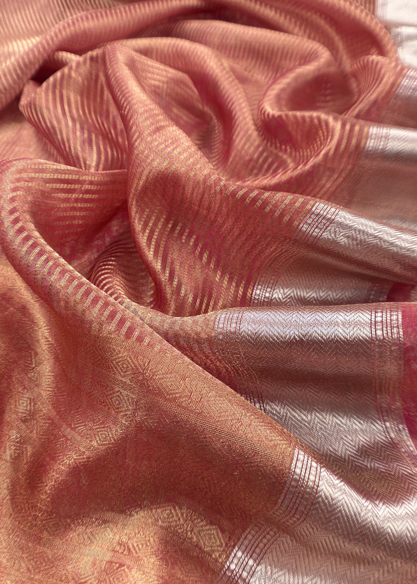 Prussian Pink Brocade Silk Kurta and Tissue Silk Gold Striped Dupatta