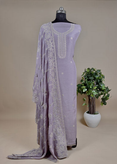 Mauve Linen Silk Unstitched Suit With Resham Work