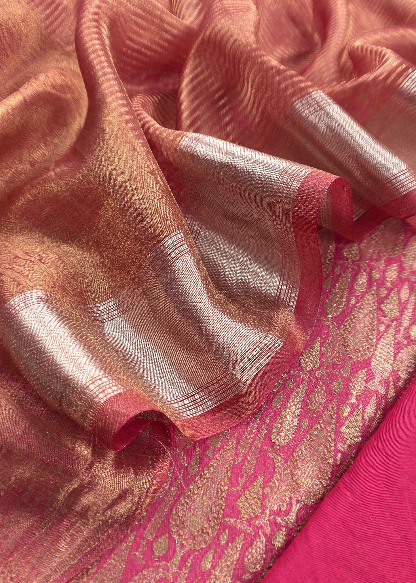 Prussian Pink Brocade Silk Kurta and Tissue Silk Gold Striped Dupatta