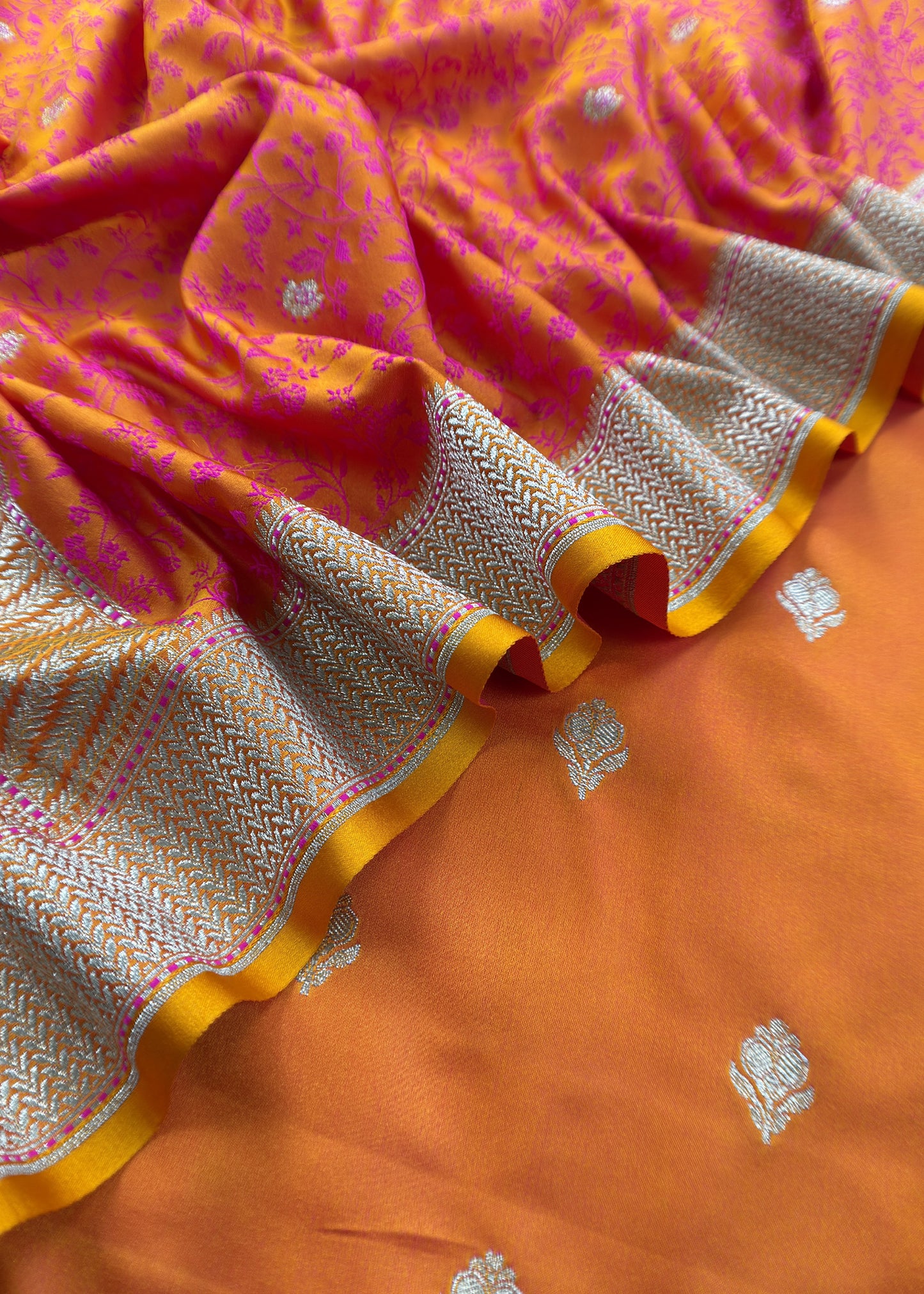 Orange Dhup Chaav Pure Katan Silk Suit Fabric With Meenakari Zari Weaving