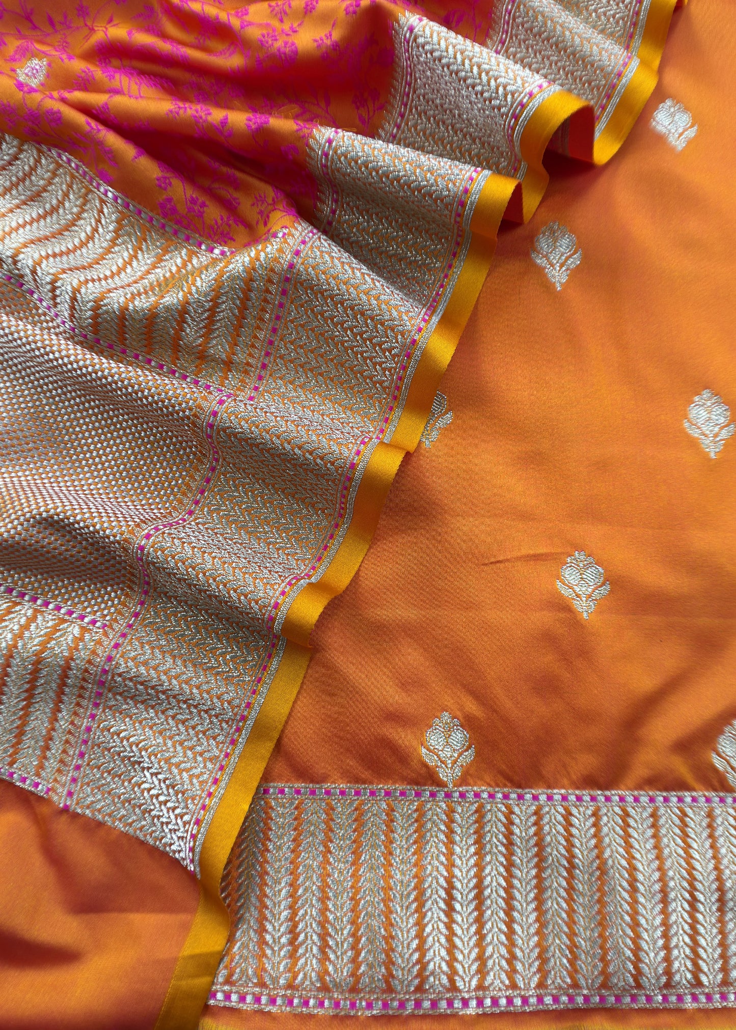 Orange Dhup Chaav Pure Katan Silk Suit Fabric With Meenakari Zari Weaving