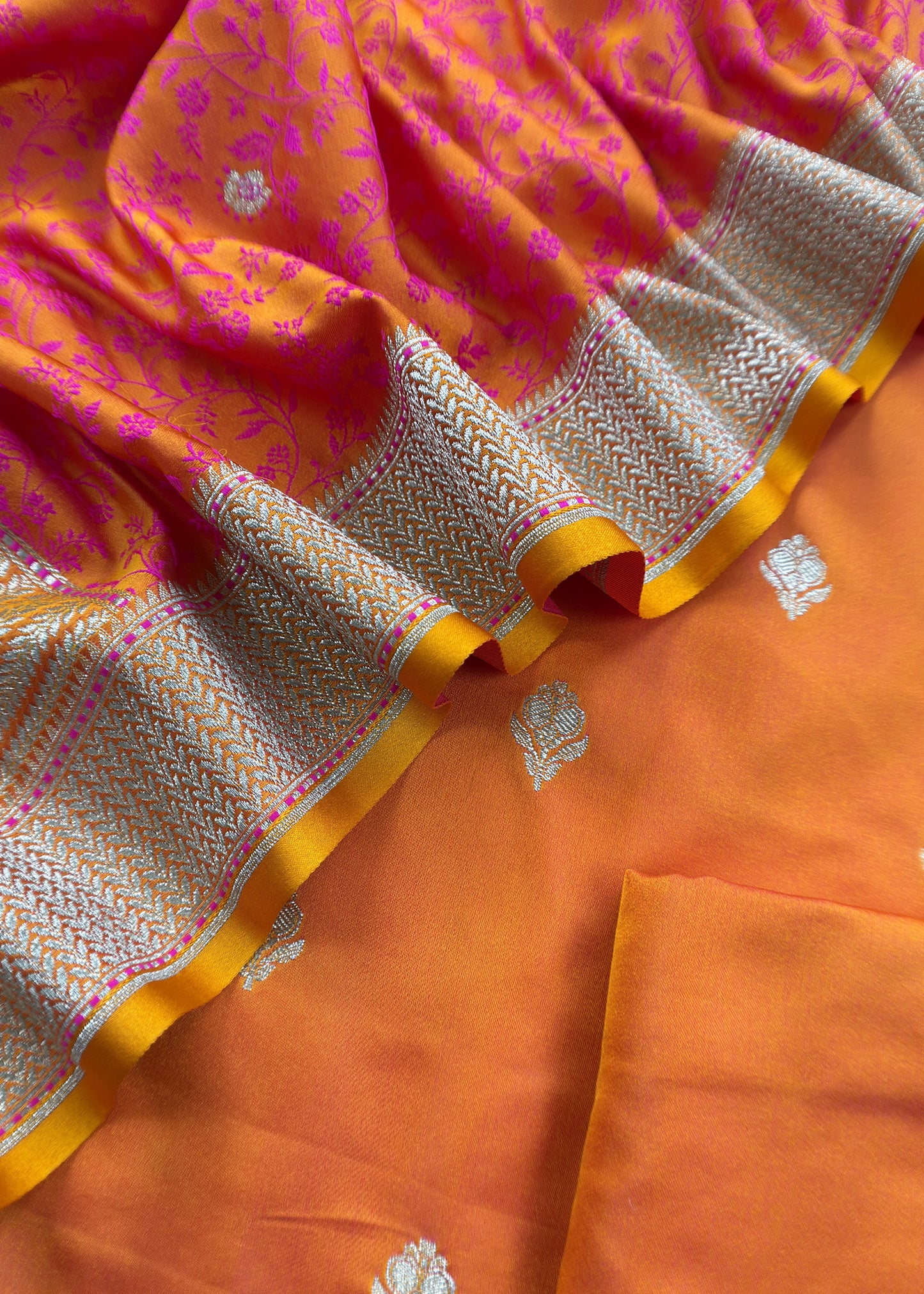 Orange Dhup Chaav Pure Katan Silk Suit Fabric With Meenakari Zari Weaving