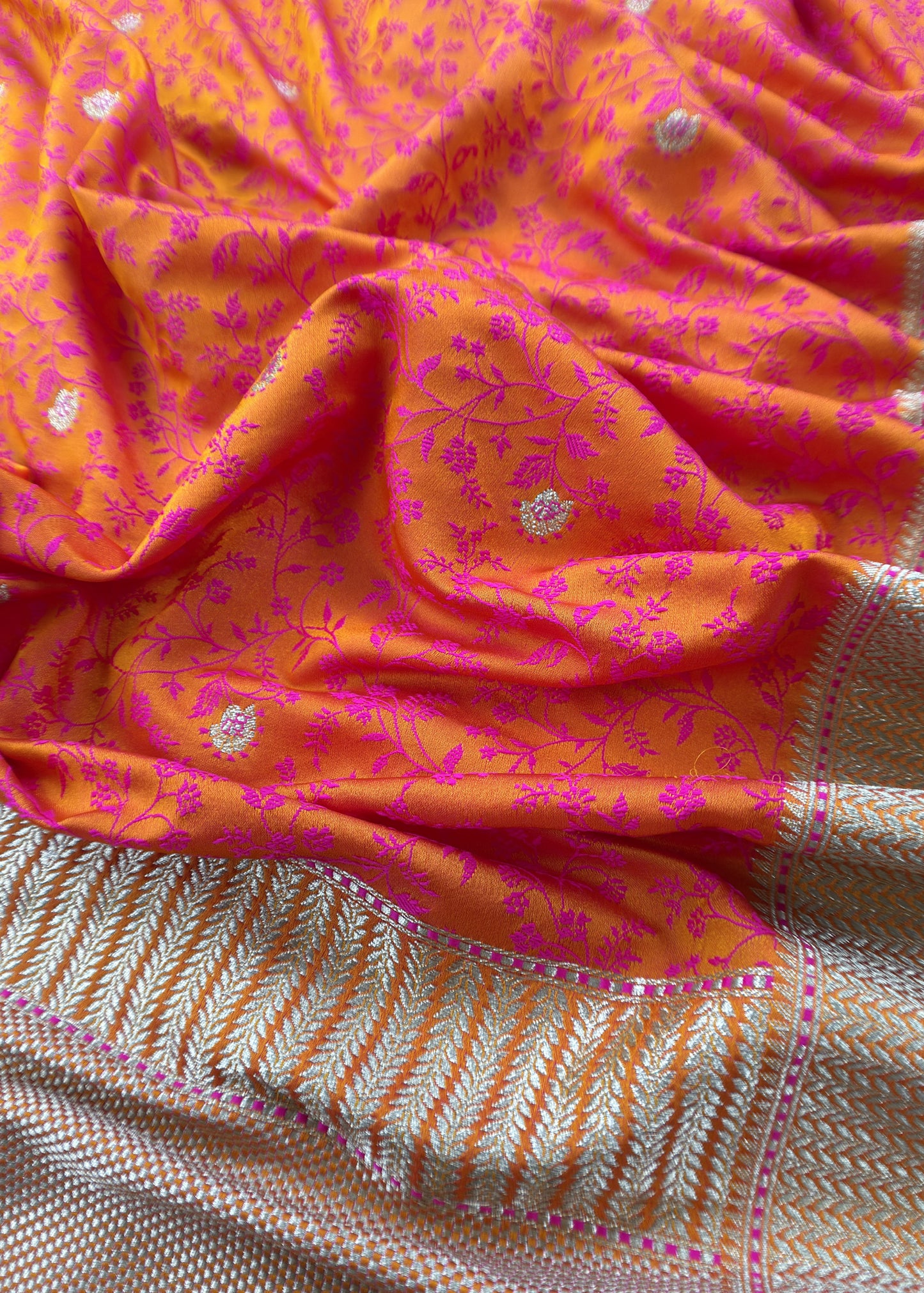 Orange Dhup Chaav Pure Katan Silk Suit Fabric With Meenakari Zari Weaving