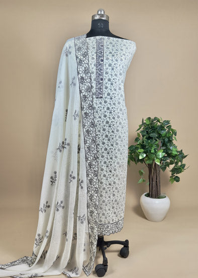 Off-White Block Printed Unstitched Suit With Dupatta