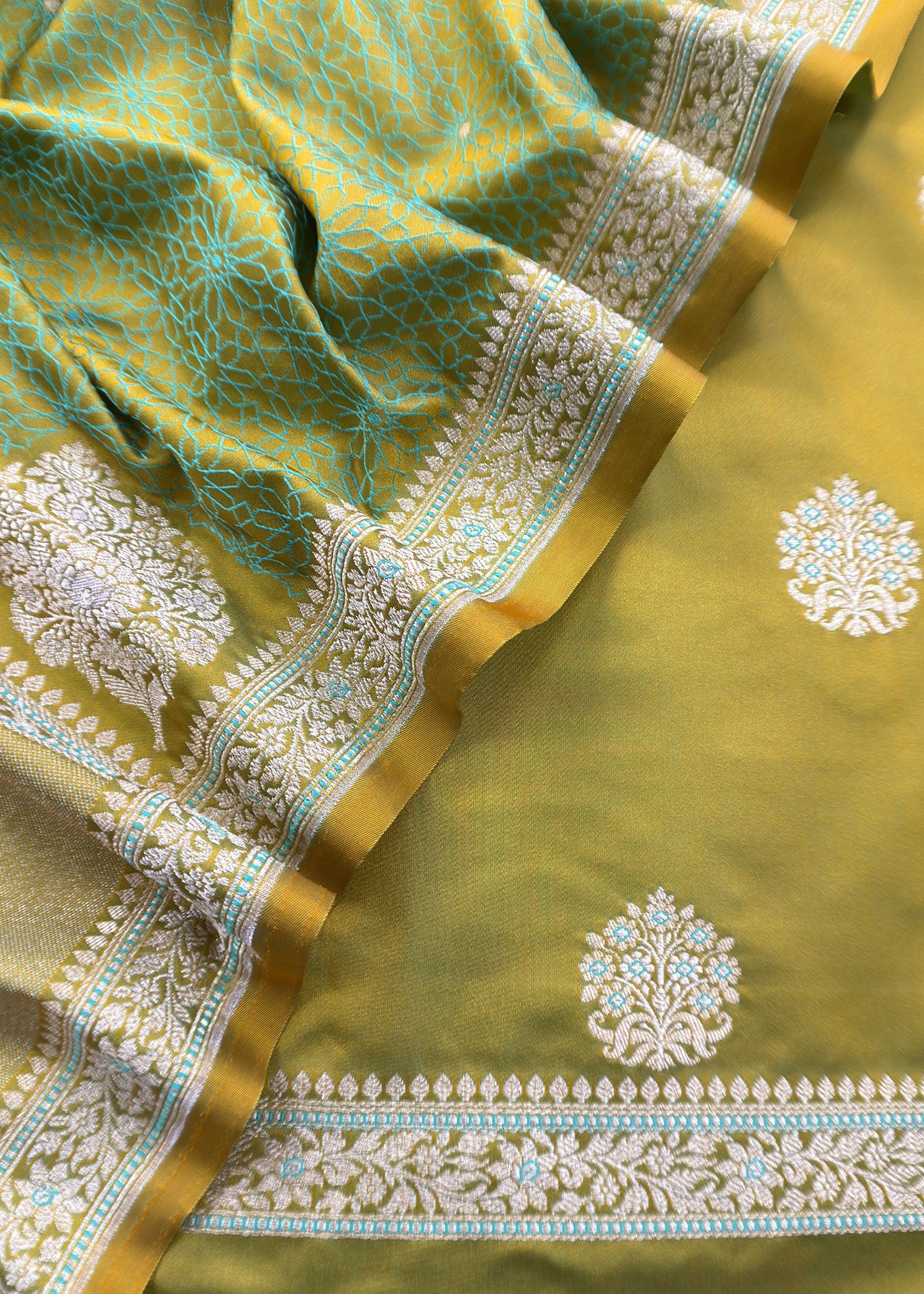 Light Green Dhup Chaav Pure Katan Silk Suit Fabric With Meenakari Zari Weaving