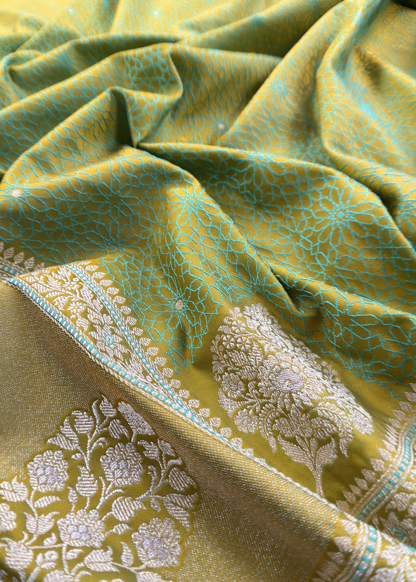 Light Green Dhup Chaav Pure Katan Silk Suit Fabric With Meenakari Zari Weaving
