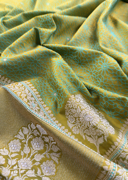 Light Green Dhup Chaav Pure Katan Silk Suit Fabric With Meenakari Zari Weaving