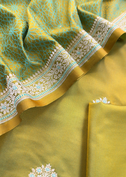 Light Green Dhup Chaav Pure Katan Silk Suit Fabric With Meenakari Zari Weaving
