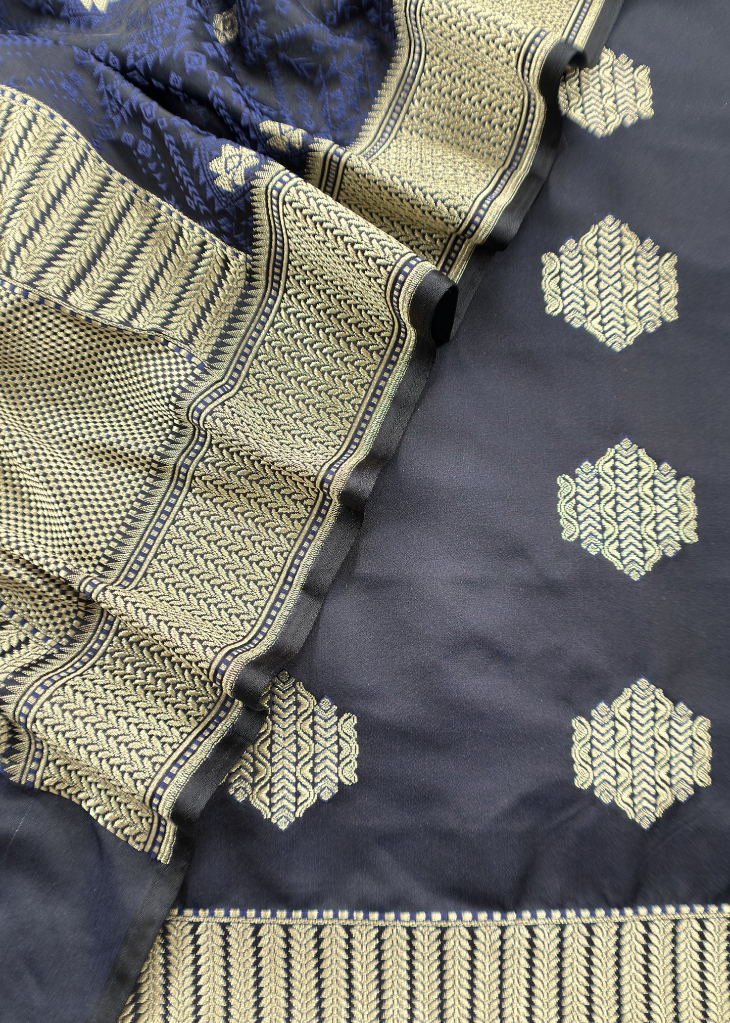 Midnight Blue Dhup chaav Pure Katan Silk Suit fabric with Meenakari zari weaving