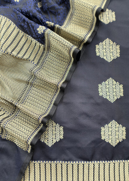 Midnight Blue Dhup chaav Pure Katan Silk Suit fabric with Meenakari zari weaving