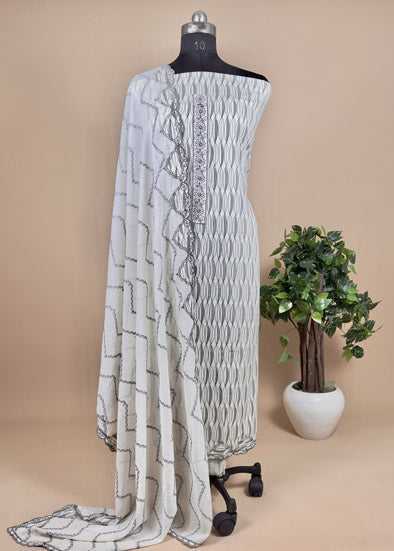 Off-White Block Printed Unstitched Suit With Dupatta