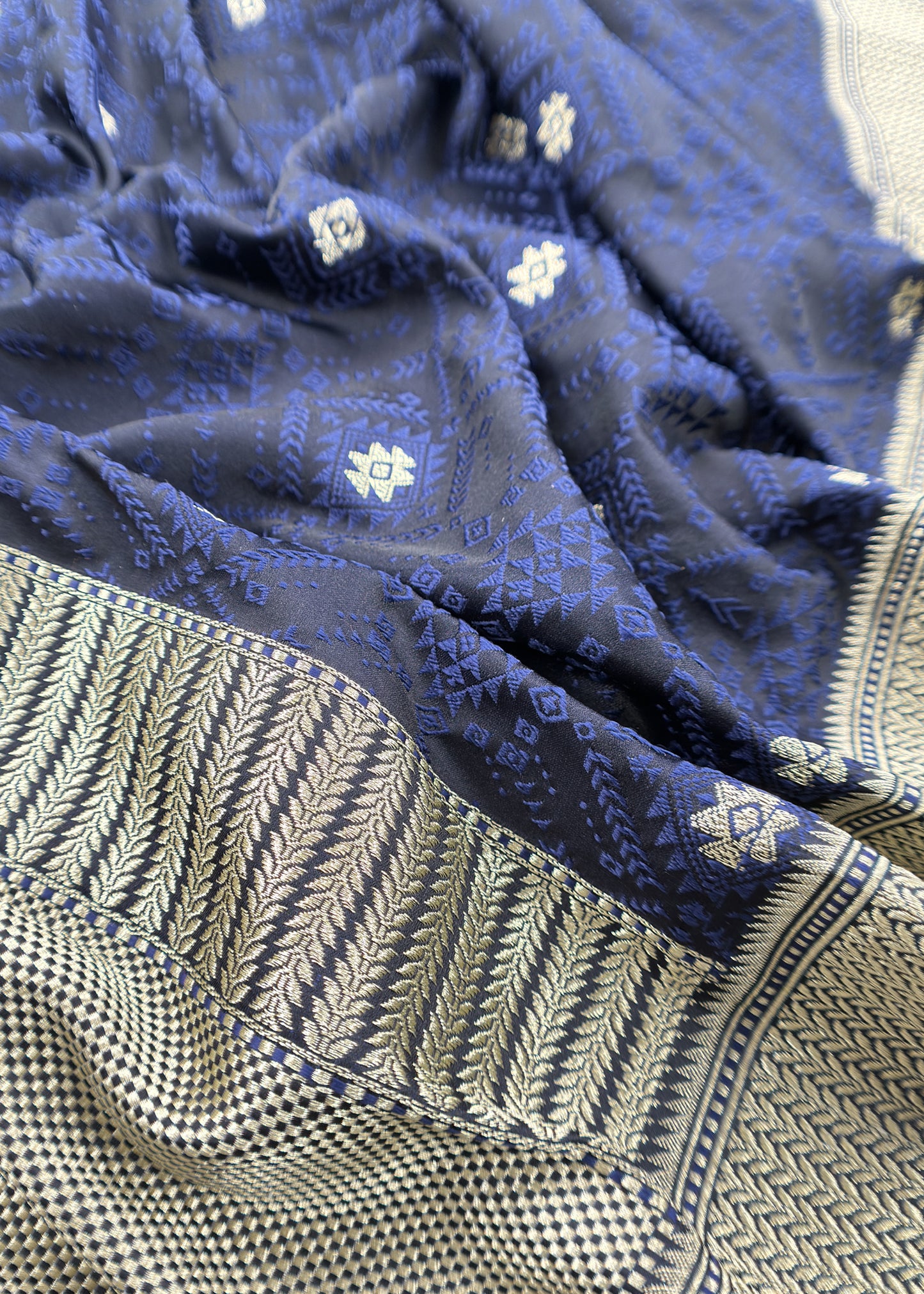 Midnight Blue Dhup chaav Pure Katan Silk Suit fabric with Meenakari zari weaving