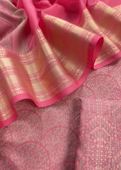 Candy Pink Pure Silk Suit with Meenakari multicolour weaving