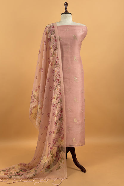 Pink Pure Organza Silk Unstitched Suit With Peonies Brush-Print Dupatta