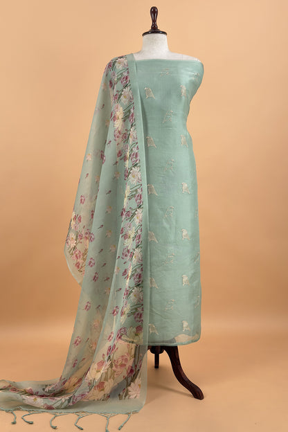 Pastel Green Pure Organza Silk Unstitched Suit With Peonies Brush-Print Dupatta