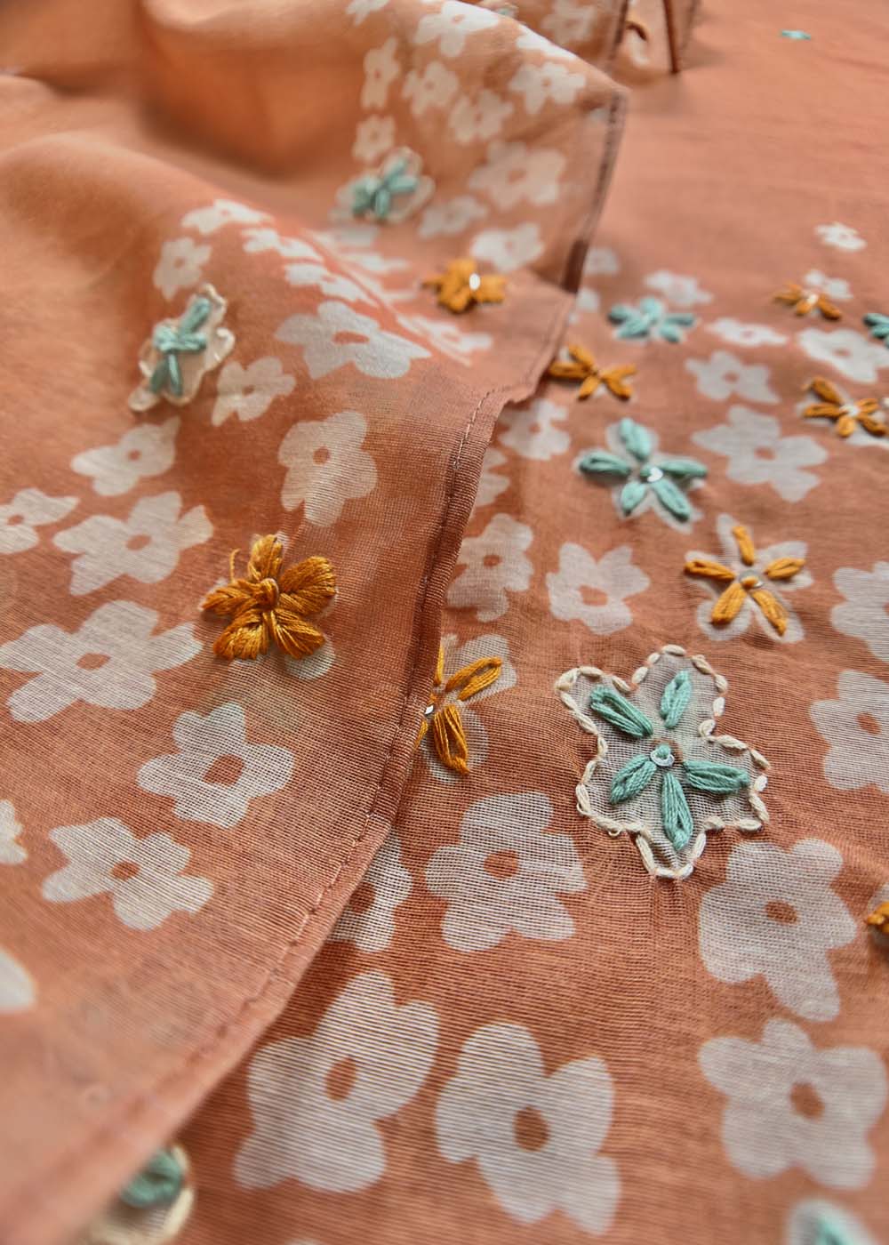 Orange Chanderi Cotton Suit With Kantha Stitch Work