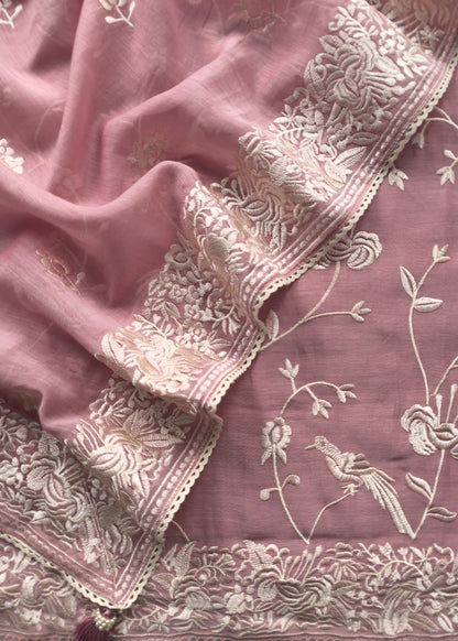 Flamingo Pink Summer Spring Mul Chanderi Suit Set With Peacocks And Floral Resham Embroidery