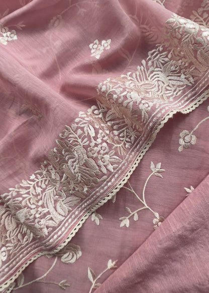 Flamingo Pink Summer Spring Mul Chanderi Suit Set With Peacocks And Floral Resham Embroidery