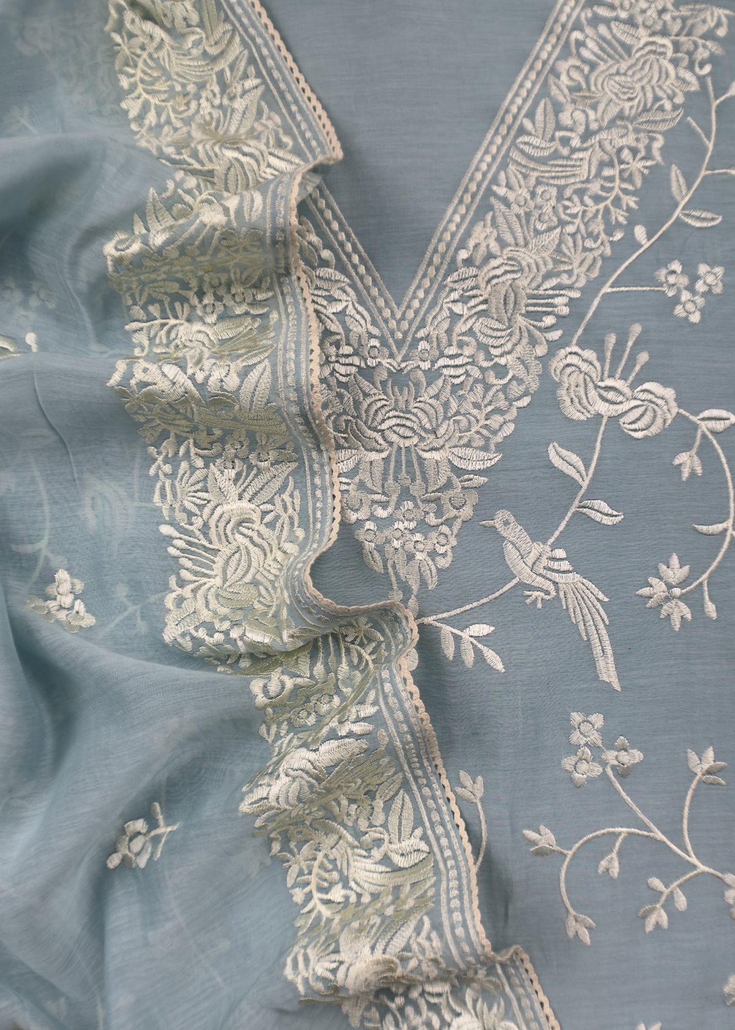 Light Blue Summer Spring Mul Chanderi Suit Set With Resham Embroidery