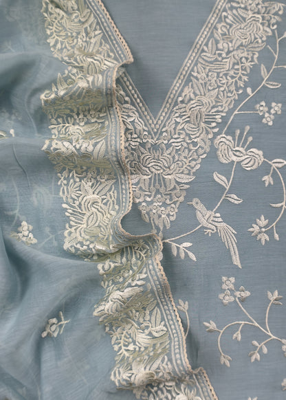 Light Blue Summer Spring Mul Chanderi Suit Set With Resham Embroidery