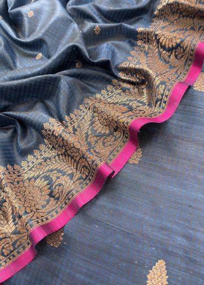 Blue Handloom Dupion Silk Suit With Kadwa Weaving