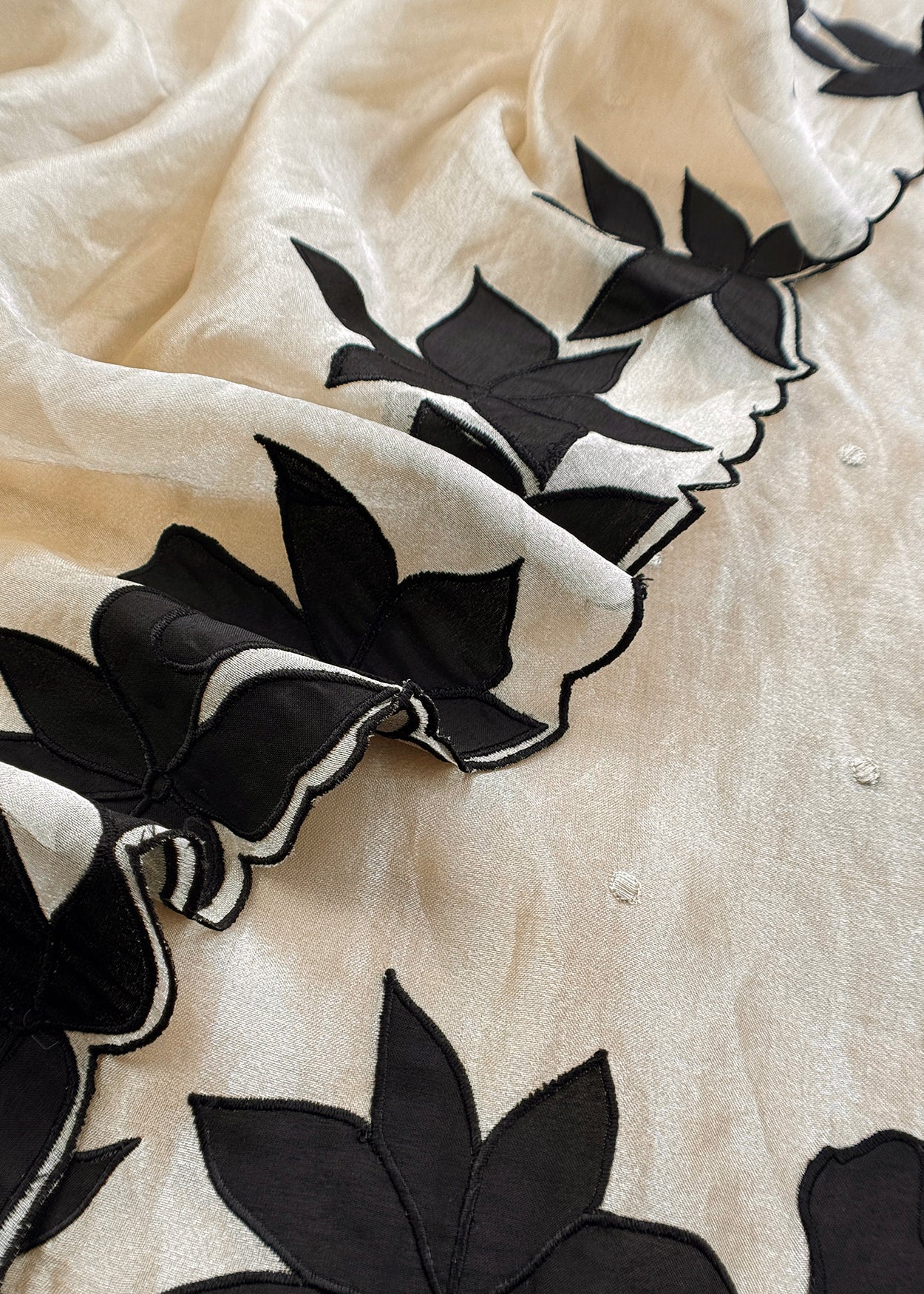 Beige With Black Pure Tissue Silk Suit With Beautiful Floral Applique Work