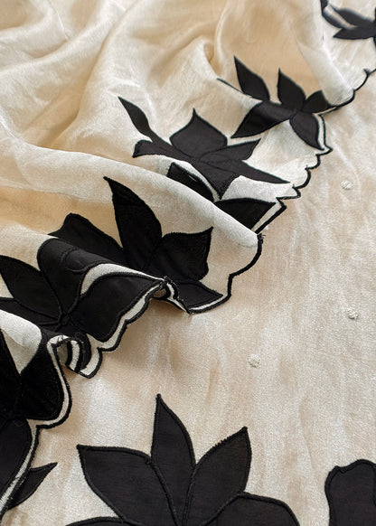 Beige With Black Pure Tissue Silk Suit With Beautiful Floral Applique Work