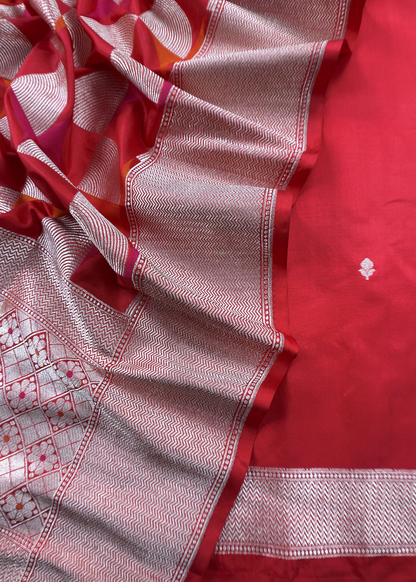 Luxe Pink and Orange Kanjivaram handloom silk Suit set with gold Meenakari weaving