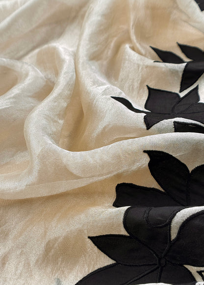 Beige With Black Pure Tissue Silk Suit With Beautiful Floral Applique Work
