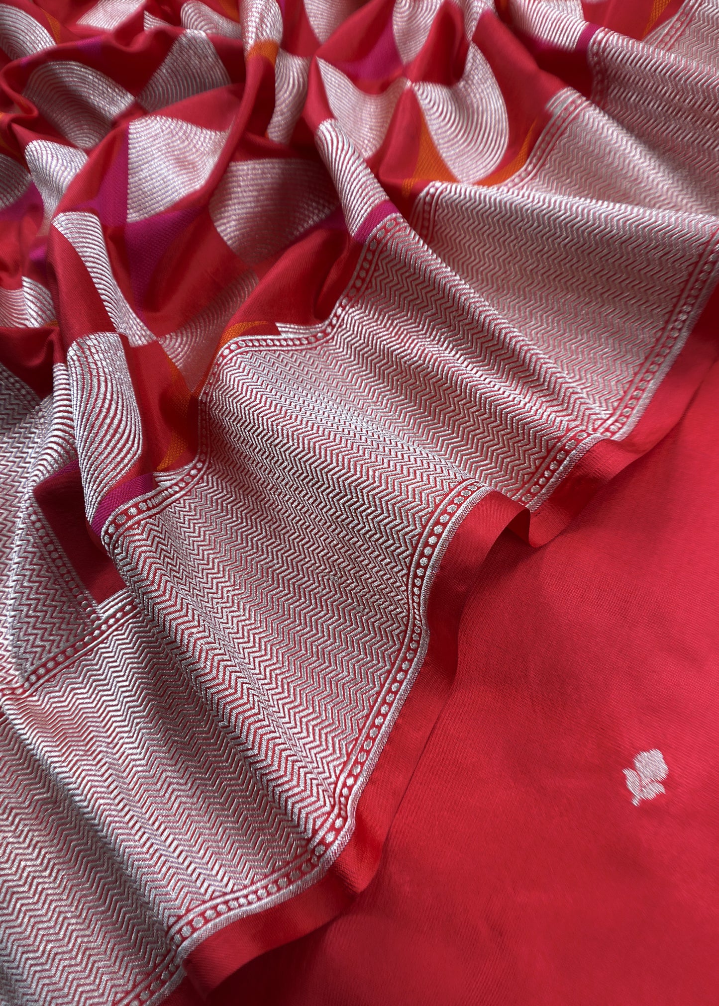 Luxe Pink and Orange Kanjivaram handloom silk Suit set with gold Meenakari weaving