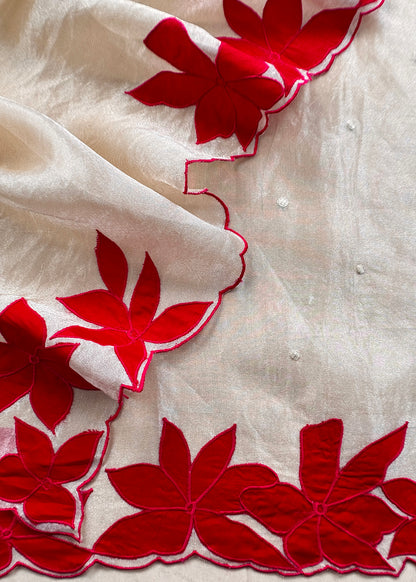 Beige and Red Pure Tissue Silk Suit With Beautiful Floral Applique Work