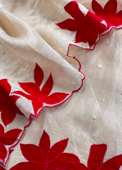 Beige and Red Pure Tissue Silk Suit With Beautiful Floral Applique Work