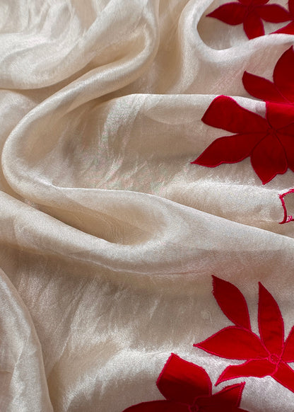 Beige and Red Pure Tissue Silk Suit With Beautiful Floral Applique Work