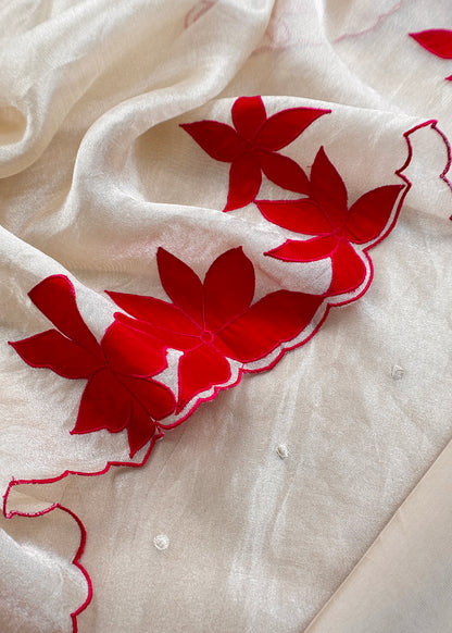 Beige and Red Pure Tissue Silk Suit With Beautiful Floral Applique Work
