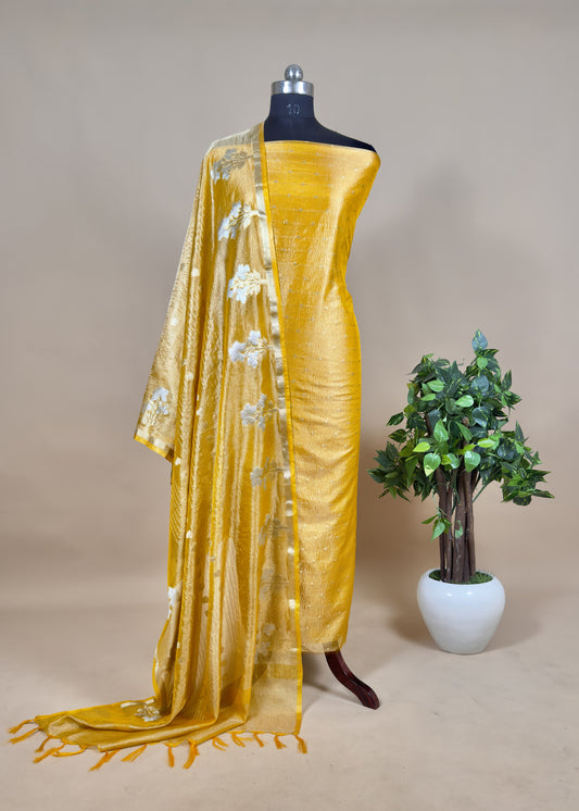 Yellow Tissue Silk Suit Embraced With gold weaving