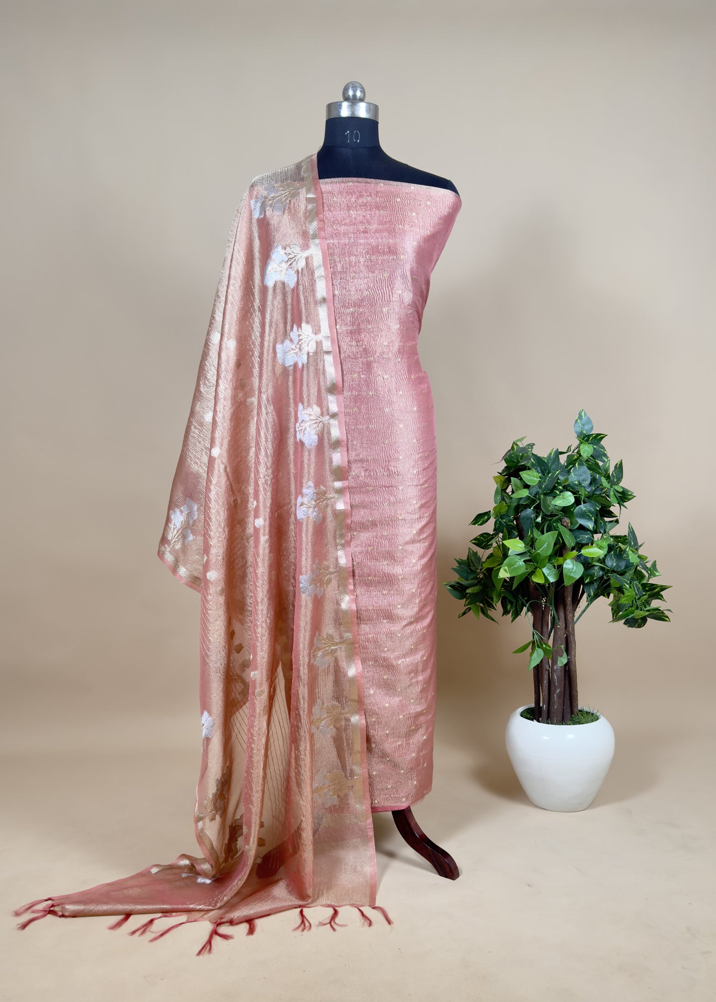 Tissue Silk Suit Embraced With Gold Weaving