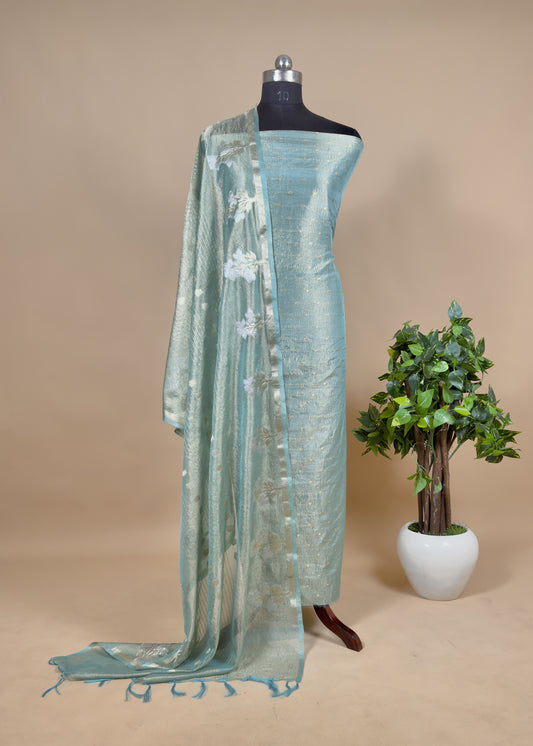 Blue Tissue Silk Suit Embraced With Gold Weaving