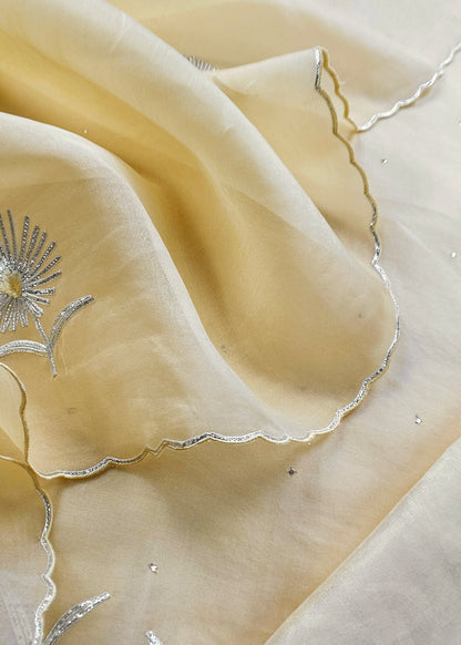 Butter Yellow Handloom Kora Silk Unstitched Suit Fabric With Gota Handwork
