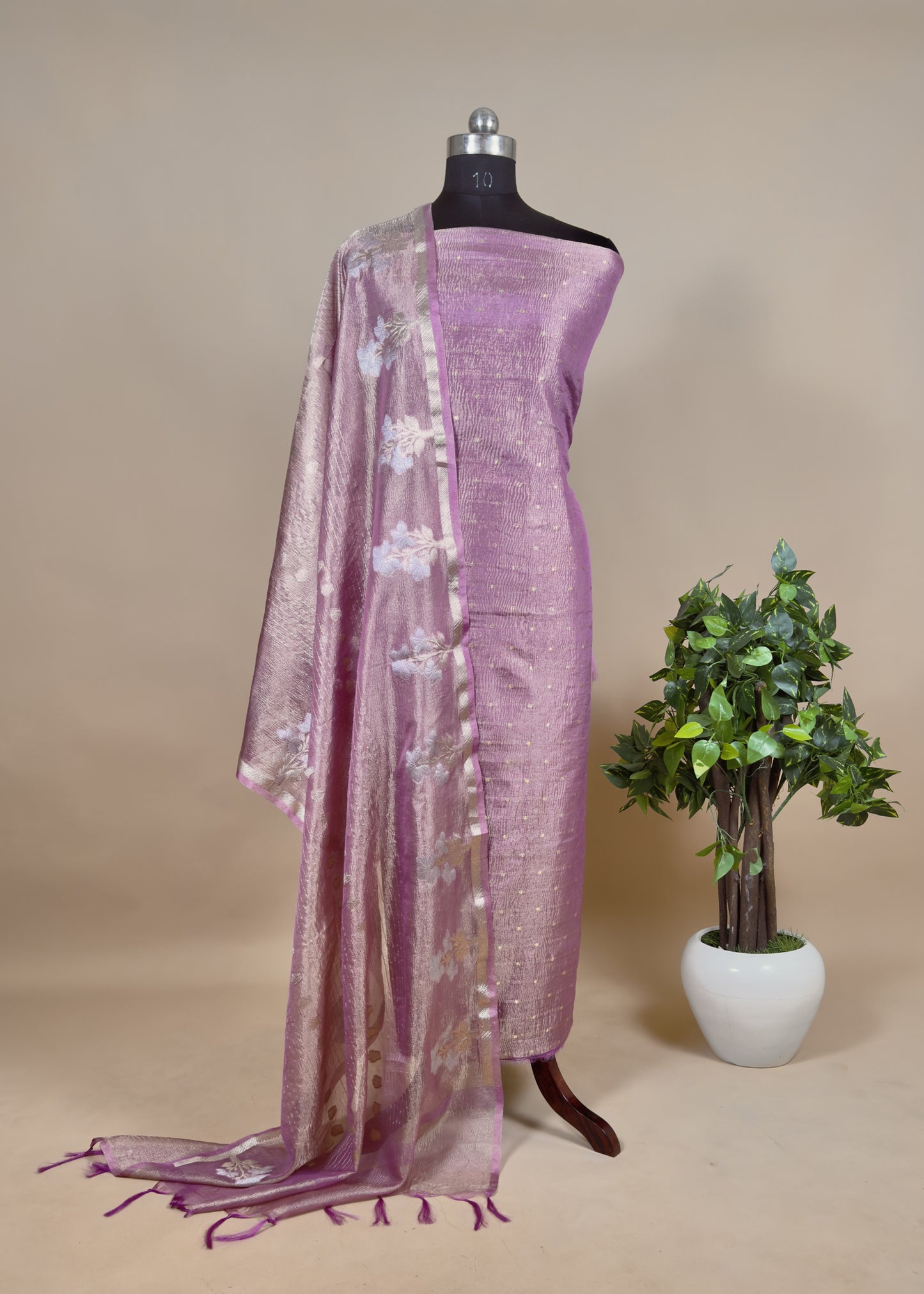 Purple Tissue Silk Suit Embraced With gold weaving