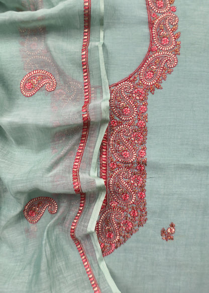 Sea Blue Summer Special Mul Chanderi Suit With Kashmiri Embroidery