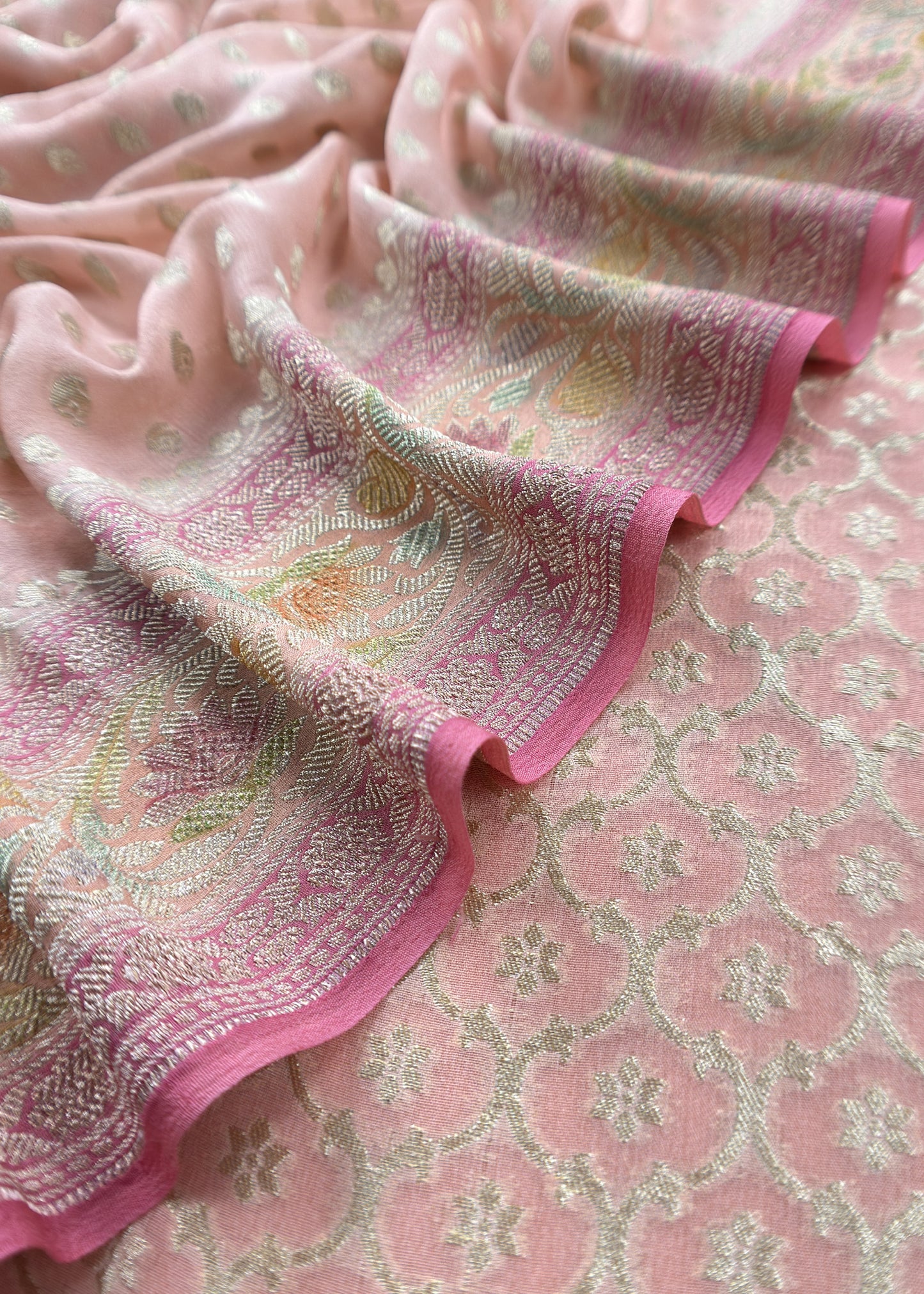 Luxe Baby Pink Khaddi Georgette Suit Fabric With Mughal Meenakari Weaving