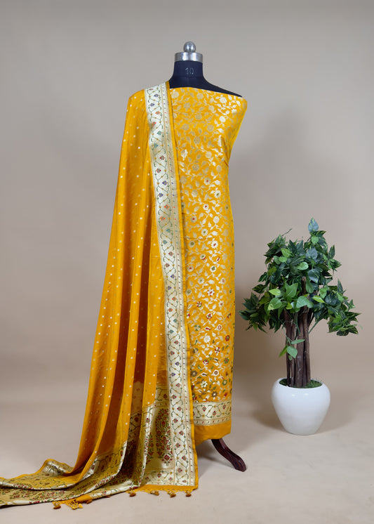 Yellow Handloom Phool-Patti Weaving Suit In Katan Silk