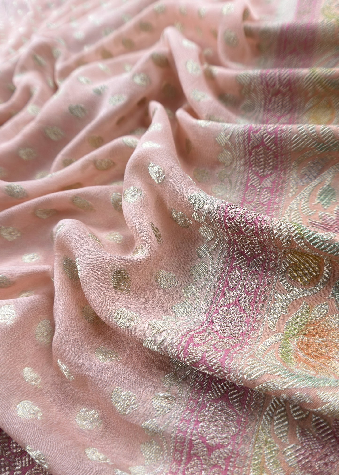 Luxe Baby Pink Khaddi Georgette Suit Fabric With Mughal Meenakari Weaving