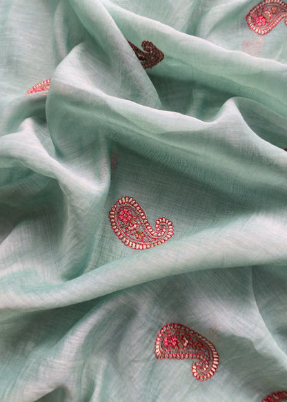Sea Blue Summer Special Mul Chanderi Suit With Kashmiri Embroidery